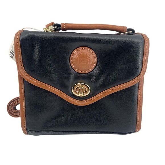 Vintage BPC 1976 Su & Sue Design Black Tan Faux Leather Top Handle Turn Lock Bag - Picture 1 of 16
